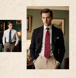 Vista detallada de la corbata vintage para hombre con estampado floral y traje.