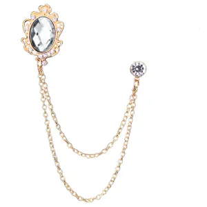 Broche vintage élégante couleur or cristal strass double chaîne costume col épingle