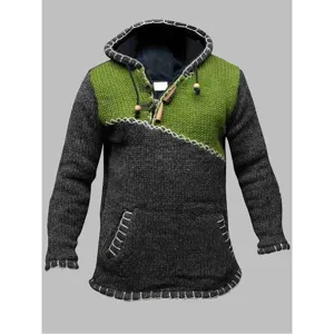 Pull Tricoté à Capuche Color Block Décontracté pour Hommes Manches Longues Patchwork Pull Hiver Chaud Mode Vêtement en Tricot Top