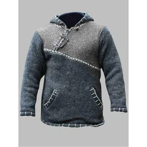 Pull à capuche en tricot pour homme manches longues couleur contrastée avec poche.