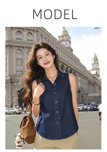 Women casual sleeveless denim vest shirt stylish vintage button down top for summer streetwear daily wear