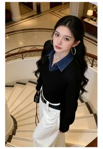 Women denim fake collar knit sweater top, stylish casual long sleeve pullover for daily wear.