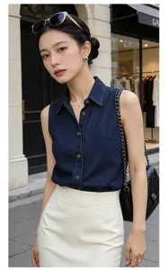 Stylish sleeveless denim shirt for women, casual loose vest top with lapel collar for daily wear.