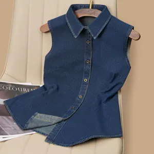 Women Casual Denim Vest Shirt Sleeveless Cotton Blend Button Up Top Loose Vintage Washed Denim Waistcoat With Pointed Collar