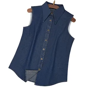 Women Blue Denim Sleeveless Shirt Casual Button Down Lapel Vest Top New Fashion Style