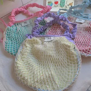 Women Nylon Polyester Checkered Mesh Crossbody Bag Dopamine Color Drawstring Ruched Strap Shoulder Bag Spring Summer Tote Bag