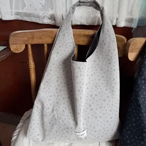 Korean style grey floral print hobo shoulder bag casual canvas tote shopping bag detail view