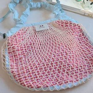 Spring summer plaid net shoulder bag cute dopamine style drawstring hobo handbag with ruched strap