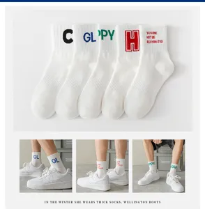 Men mid-calf white cotton socks with stylish colorful letter embroidery for daily wear.