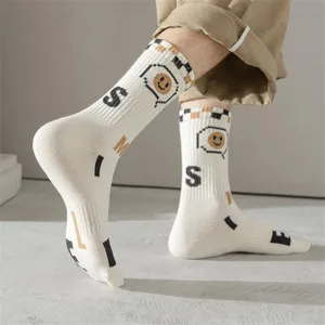 Chaussettes homme coton blanc sport basket style tendance avec motif smiley et lettres