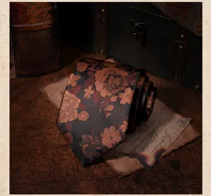 Corbata floral vintage para hombre, corbata tejida de jacquard marrón y negra para trajes formales.