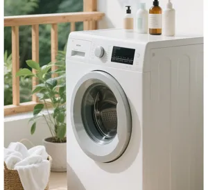 Modern white front load washing machine with sleek silver door and control panel for home laundry.