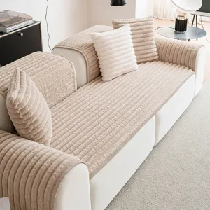 Cozy thick corduroy plush sofa cover set, cream white slipcover for winter living room decor.