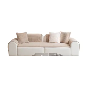 Cream plush corduroy sofa cover set with matching pillows, warm thick anti-slip living room slipcover