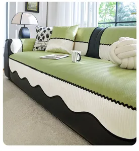 Ice silk summer sofa cover detail, anti-slip wavy design for straight couch, cool mat seating.