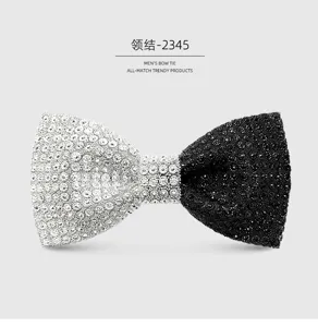 Papillon strass brillante uomo dettaglio, cristallo nero bianco matrimonio formale.