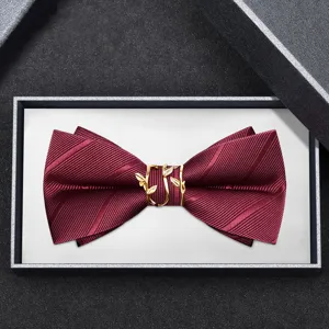 Farfallino da Uomo in Seta di Poliestere Matrimonio Formale Affari Papillon con Decorazione in Foglia di Metallo Elegante Collo per Sposo Testimoni