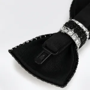 Lussuoso farfallino nero con strass per uomo, cravatta da sposa scintillante in cristallo.