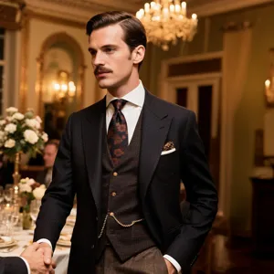 Traje vintage de tres piezas para hombre negocios informal corbata floral pañuelo elegante.
