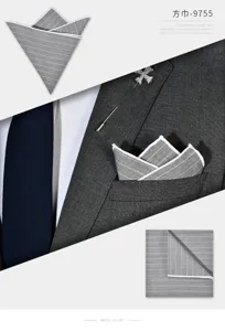 Classic grey striped wool pocket square for men, elegant suit jacket handkerchief accessory.