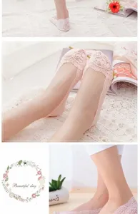 Detailed close-up of women lace no-show socks showcasing breathable mesh and pink tone.
