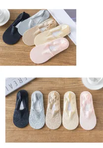 Women lace boat socks, breathable mesh invisible socks with anti-slip design, 5 colors pack.