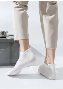 Men breathable cotton mesh short socks detail view, comfortable summer white boat socks.