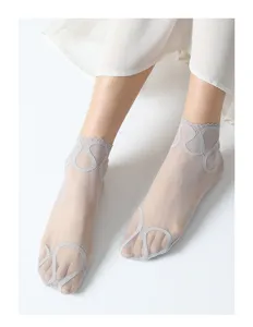 Close-up of sheer mesh lace socks for women, featuring delicate floral ankle details.