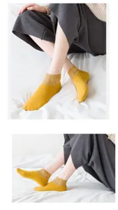 Detail shot of women's thermal velvet short socks with delicate lace frill trim design.