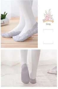 Detailed view of women summer lace boat socks, breathable mesh invisible socks with anti-slip.