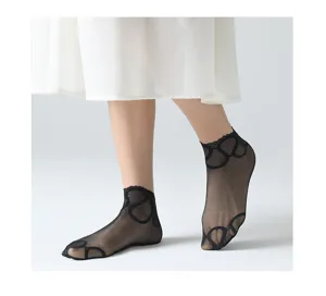 Sheer lace short socks for women, breathable summer mesh crystal socks with delicate lace trim.