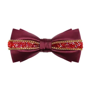 Elegante papillon rosso vino da uomo con cristalli scintillanti e catenella dorata.
