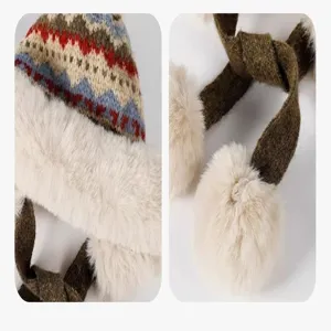 Winter warm plush knitted hat with earflaps and cute pom pom strings for women cold weather.