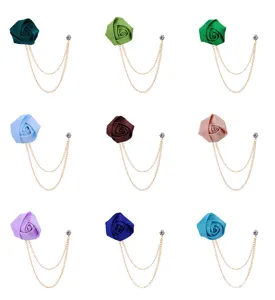 Elegant satin rose flower brooch with double chain and rhinestone pin for men women suit accessories