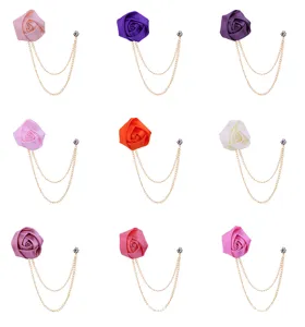 Elegant fabric rose flower boutonniere with metal chains and rhinestones for men suits.