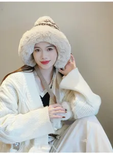 Cute winter plush bucket hat for women, thick warm faux fur integrated cap with cozy knit wear.