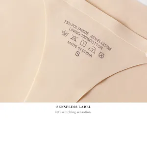 Seamless thong panty detail showcasing fabric composition and sizing information for women.