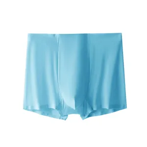 Detailed view of ultra-thin ice silk seamless men boxer briefs in light blue, breathable.