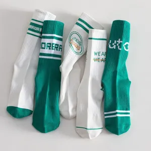 Men's green white mid tube socks stylish knit letters sports casual breathable cotton socks
