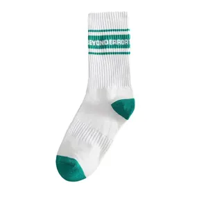Men's white sports mid-tube socks with green striped design and vibrant color block heel.