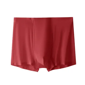 Seamless ice silk ultra-thin detail shot of red men's breathable solid color boxer briefs.