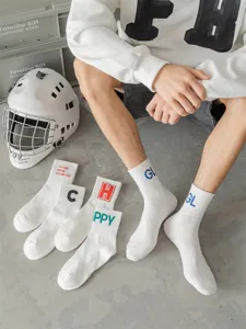 Men's cotton mid-tube socks casual streetwear white athletic socks with letter embroidery