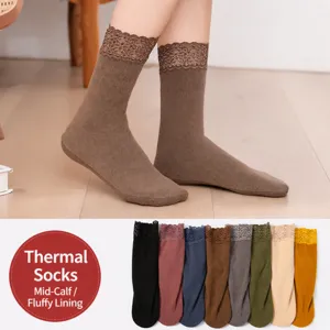Dames Thermische Fleece Gefvoerde Lange Socken Winter Warme Over Knie Hoge Socken Met Kant Volant Effen Kleur