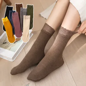 Dikke thermische lange sokken voor dames, winter fleece gevoerde warme kanten kniekousen.