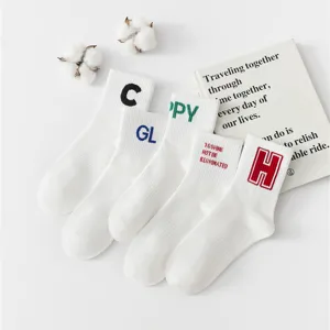Men's mid-tube white cotton socks featuring stylish letter embroidery, casual sports socks.