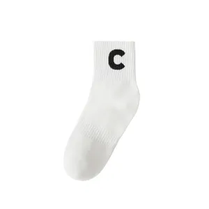 Men white mid-calf cotton socks with black letter C, Korean style casual sports streetwear.