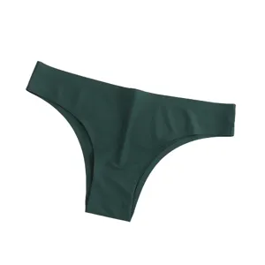 Detail view of dark green seamless V-shaped ice silk thong, breathable and ultra-thin fabric.