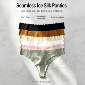 Seamless ice silk thong for women, comfortable breathable low rise underwear with scalloped edge.