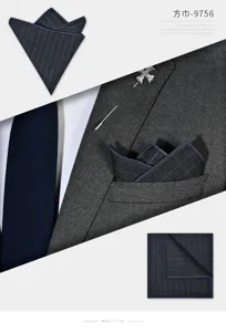 Detailed view of dark grey wool pinstripe pocket square for men's suit, elegant texture.