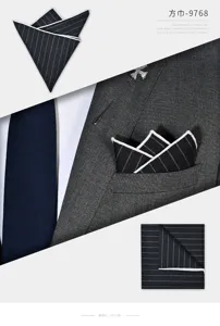 Detailed view of dark grey wool pocket square with white stripes, perfect for men's suits.